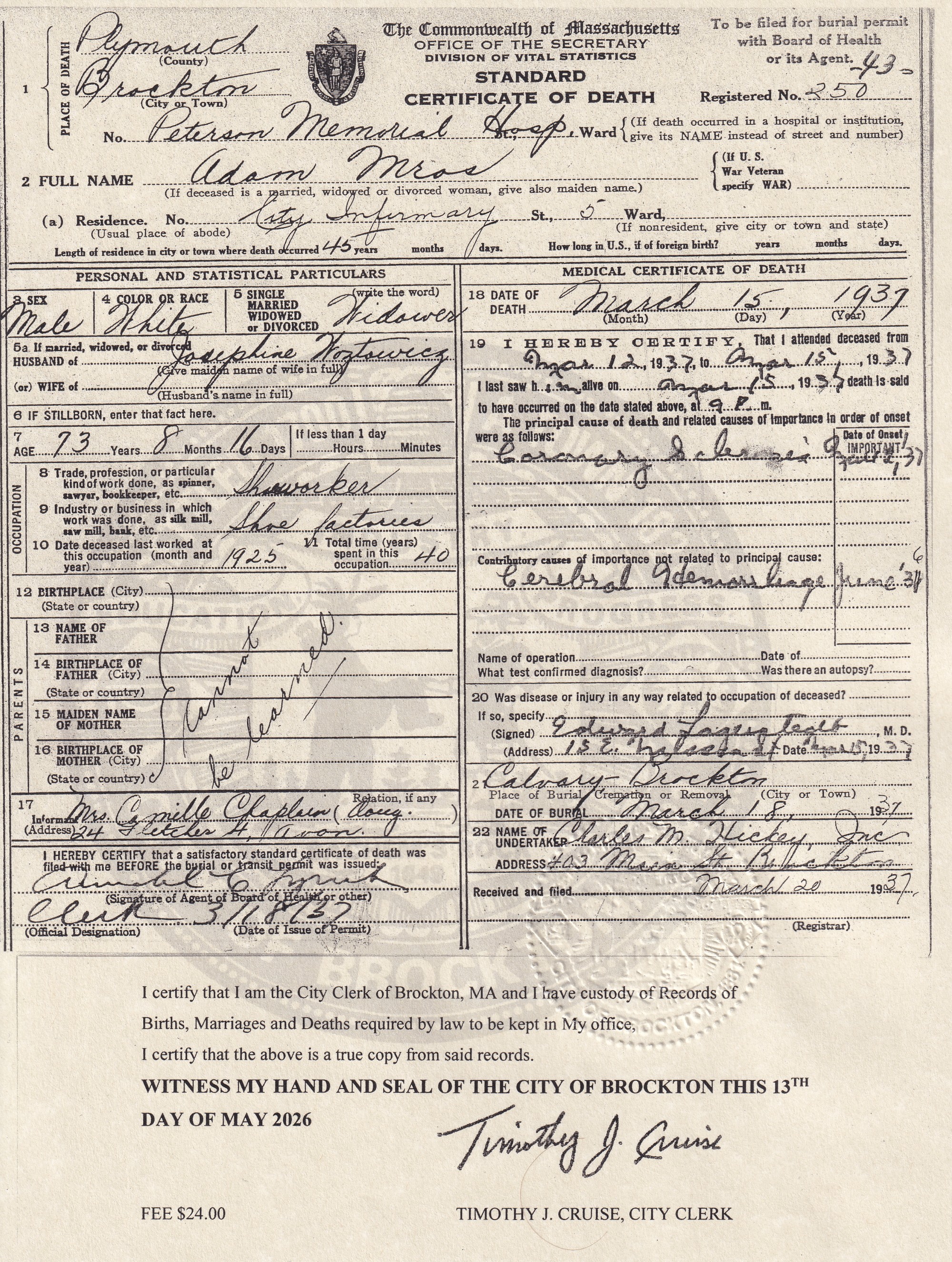 Death Certificate of Adam Mros