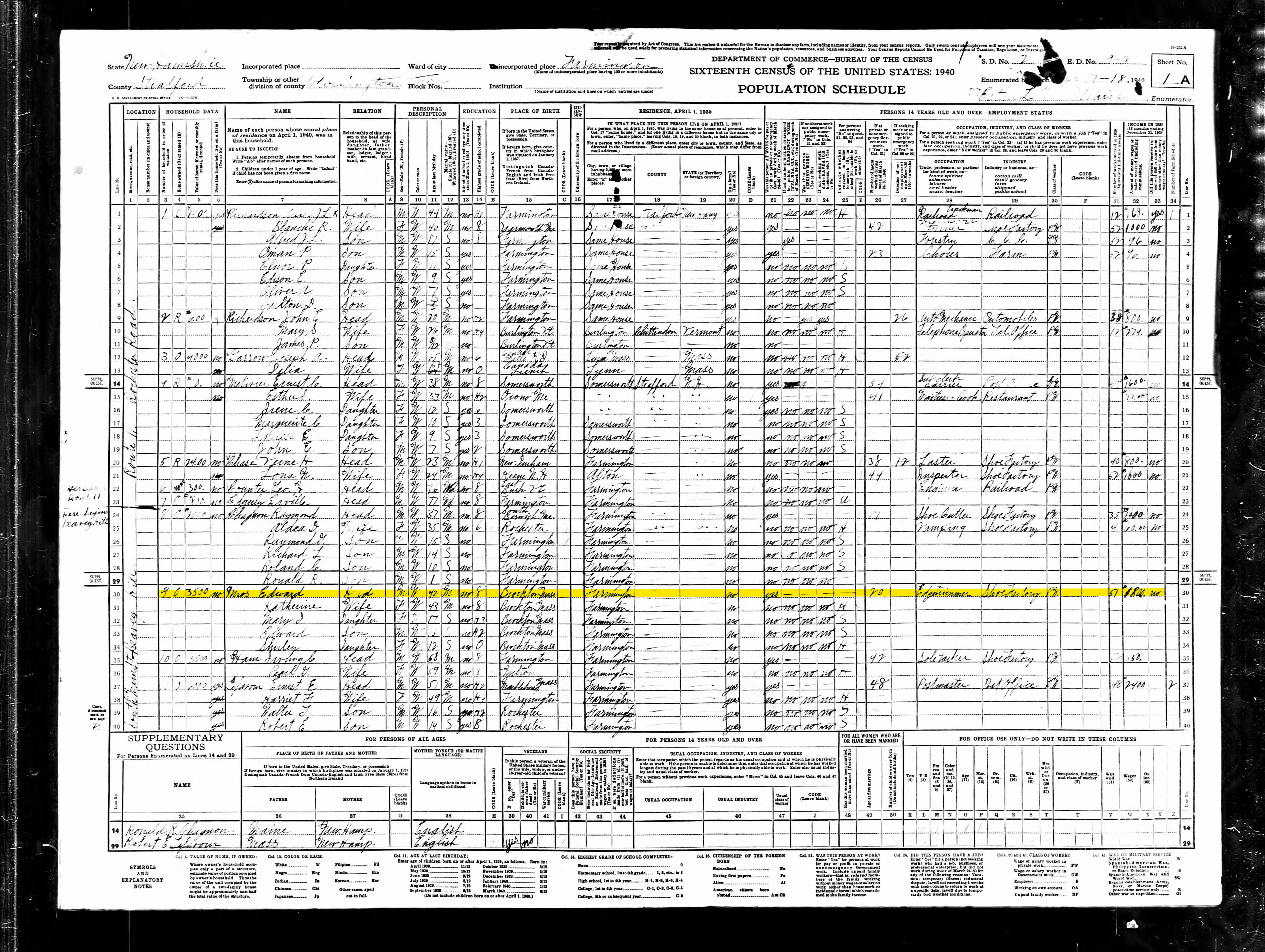 1940 U.S. Census — Edward Mros, Farmington, N.H.
