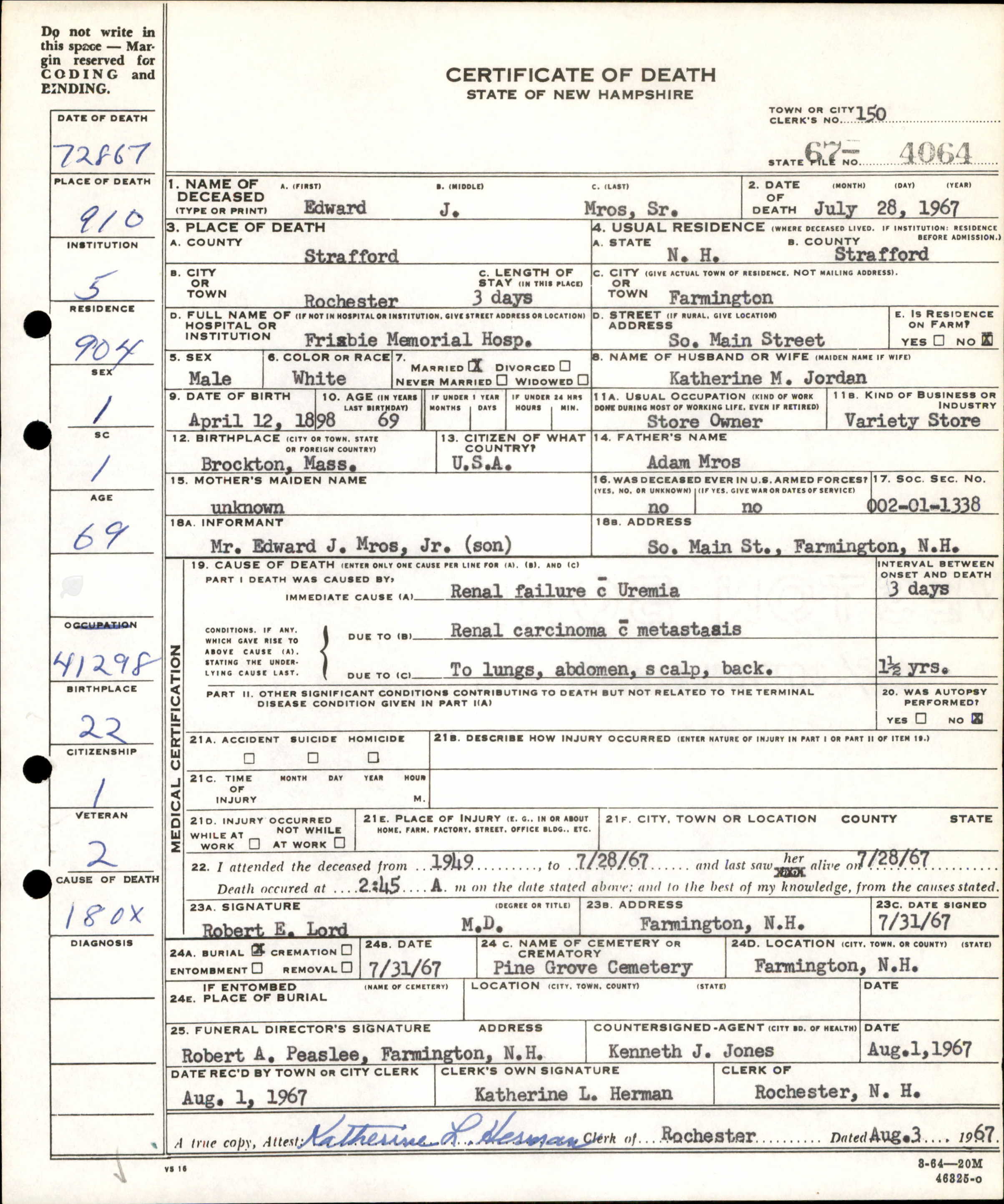 Death Certificate — Edward J. Mros, Sr., 1967