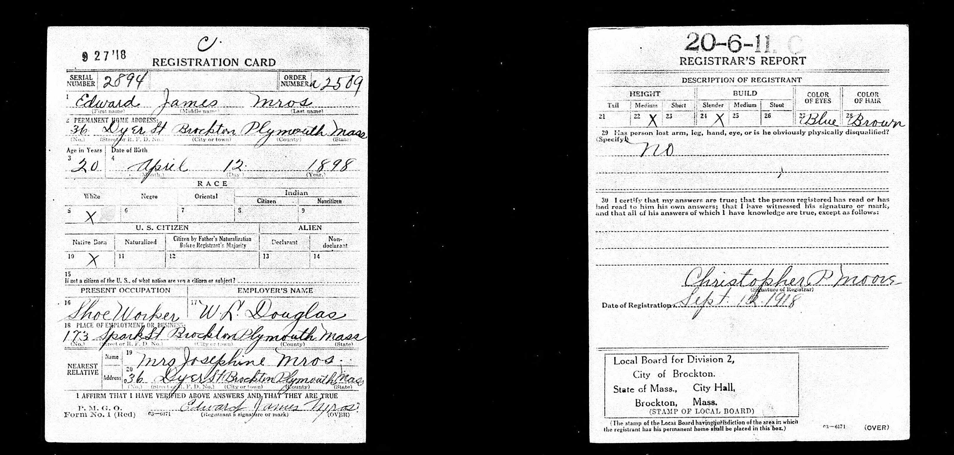 World War I Draft Registration Card — Edward James Mros
