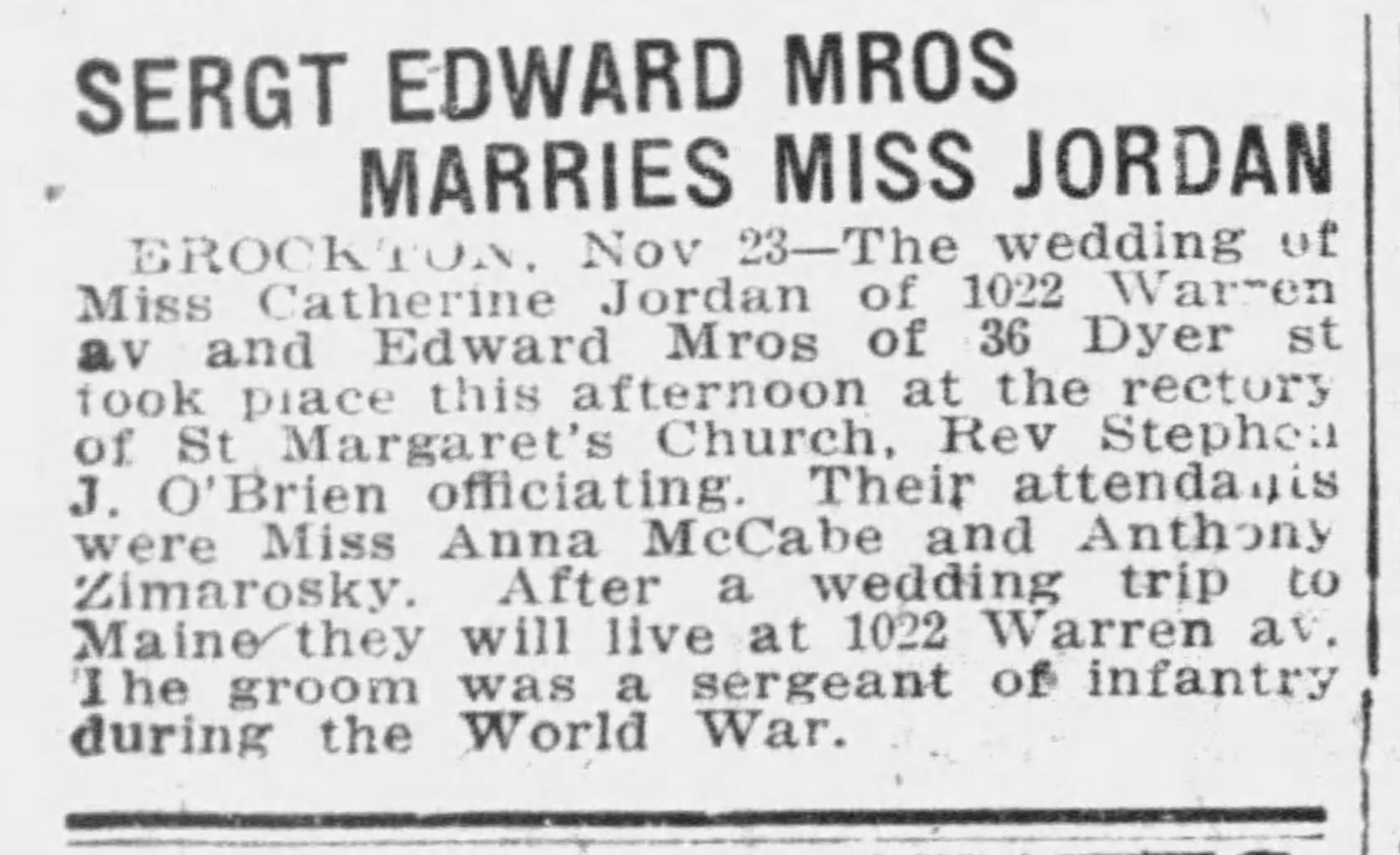 "Sergt. Edward Mros Marries Miss Jordan"