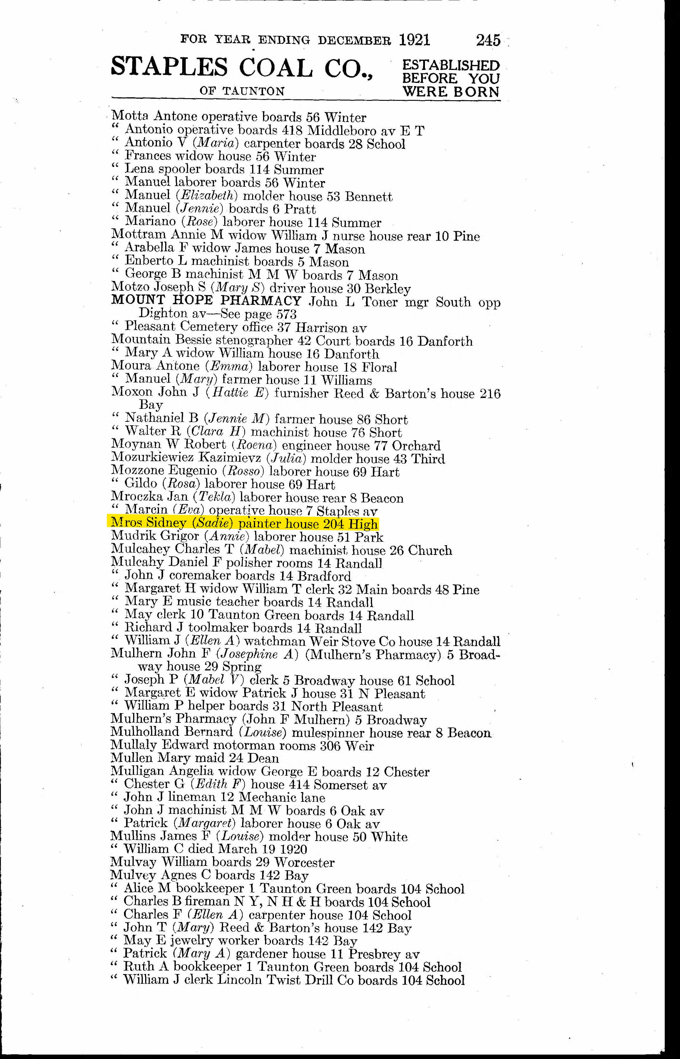 Taunton City Directory, 1921