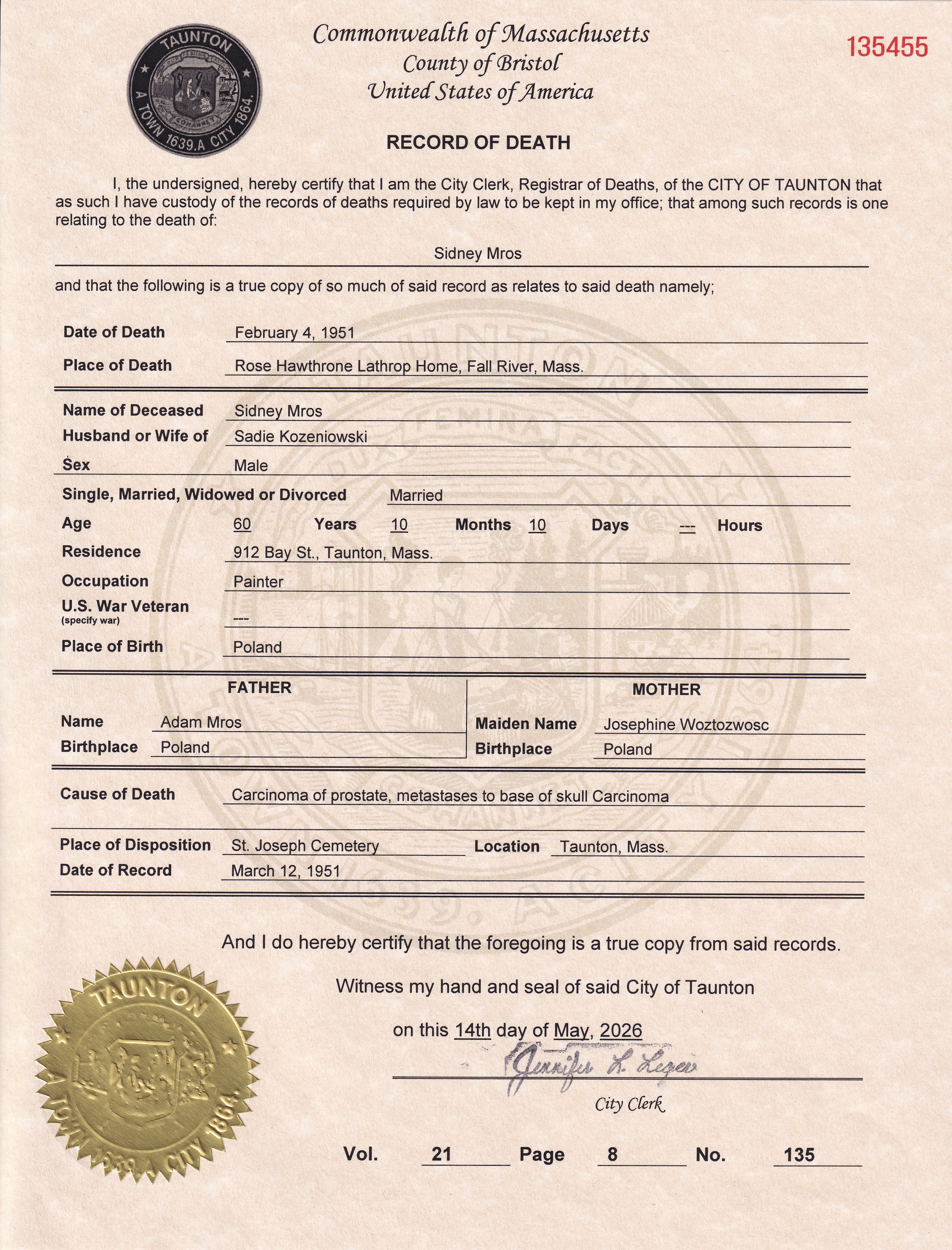 Death Certificate of Sidney Karol Mros