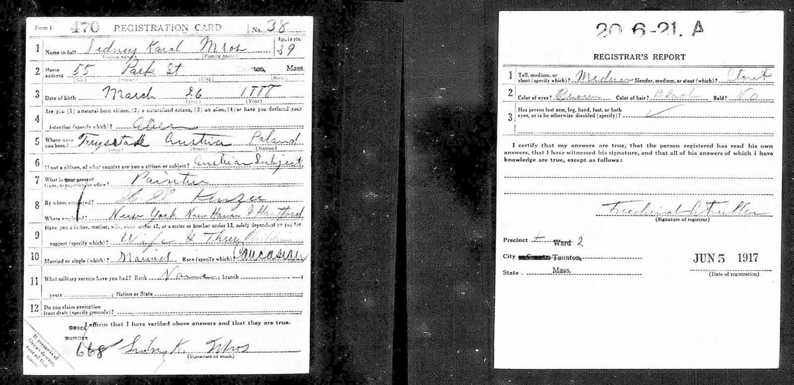 World War I Draft Registration Card — Sidney Karol Mros