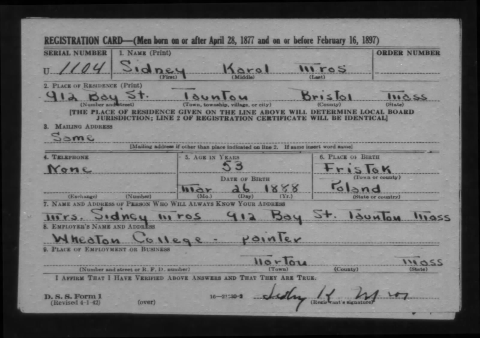 World War II Draft Registration Card — Sidney Karol Mros