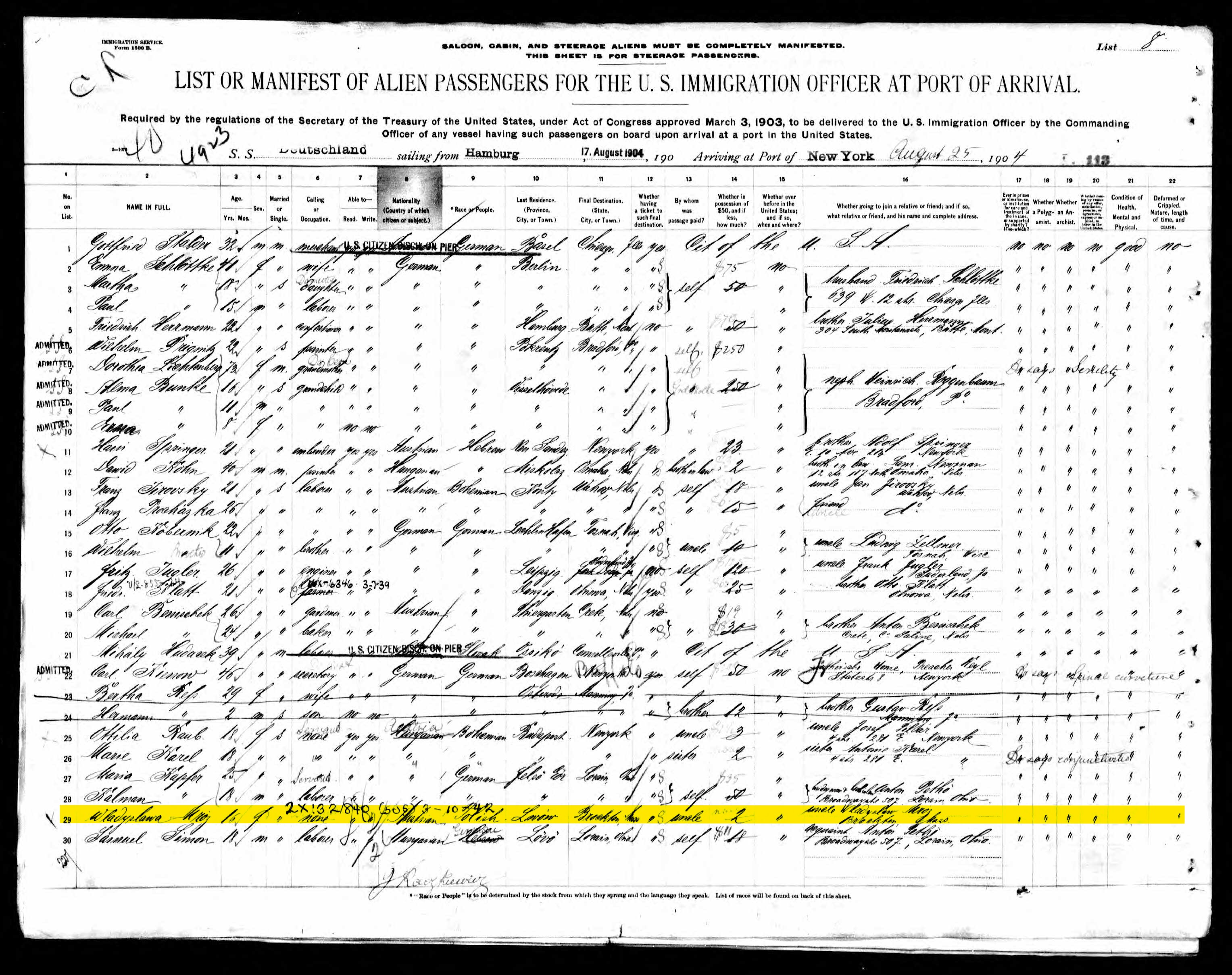 S.S. Deutschland Manifest 25 AUG. 1904