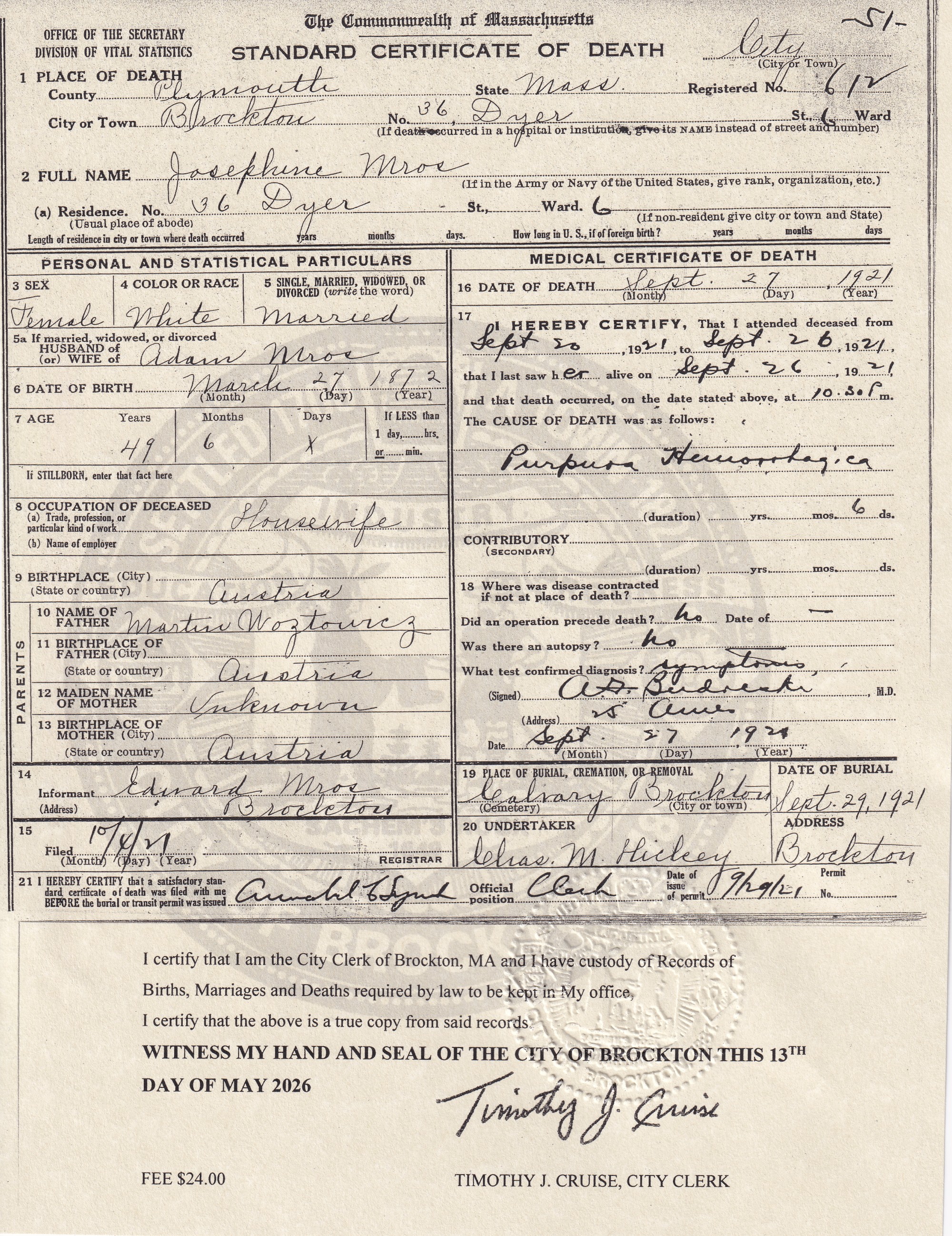 Death Certificate of Josephine Mros